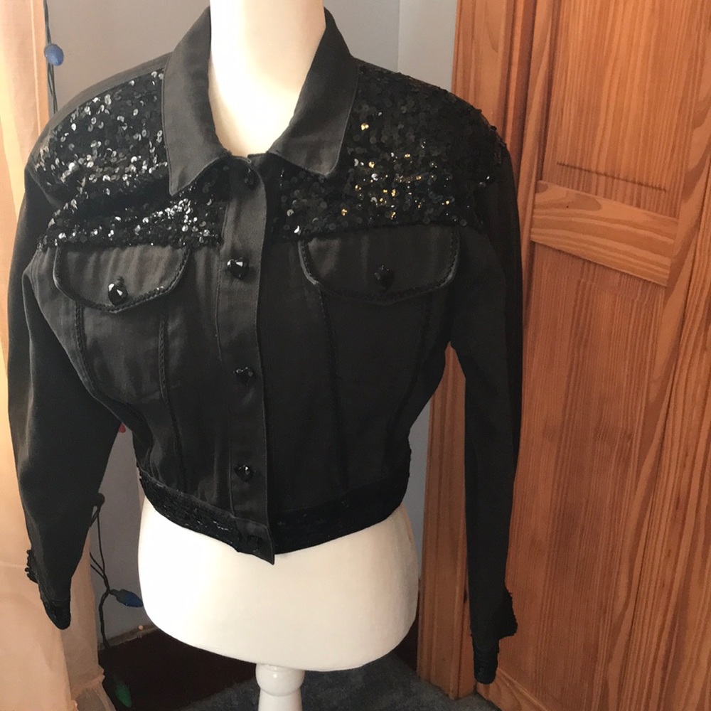 Vintage black denim jacket shoulder pads black sequins and heart buttons women’s